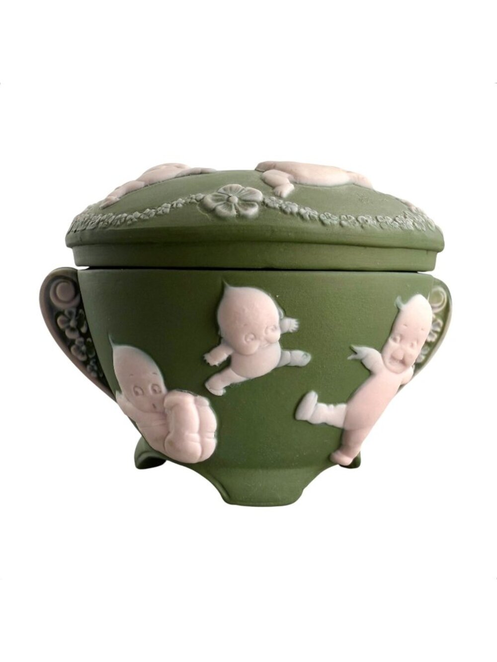 Rose O’Neil Kewpie Green Jasperware Sugar Bowl Pink Accents Signed Bisqueware